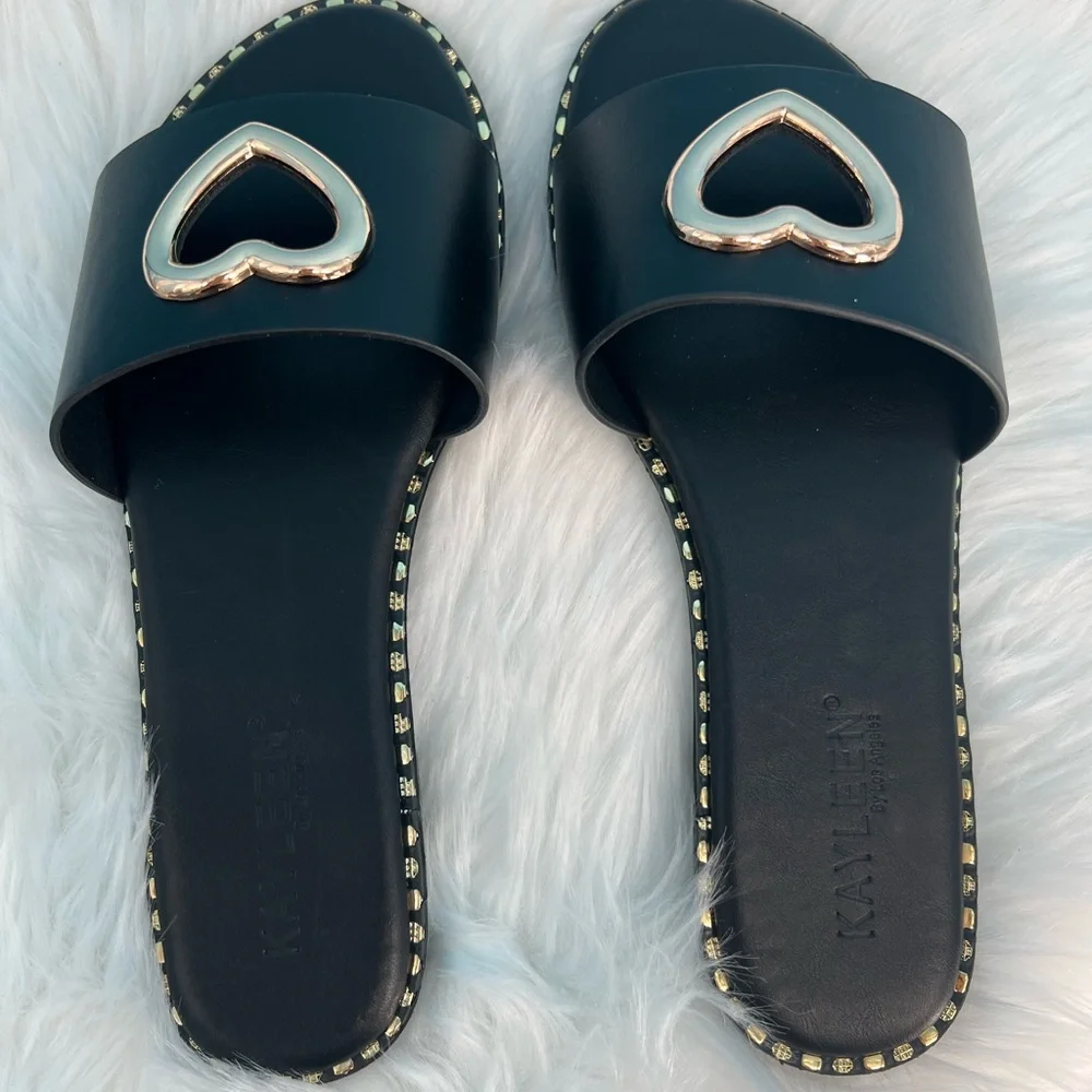 Black and Gold Heart Embellished Sandals - Picture 3 of 8